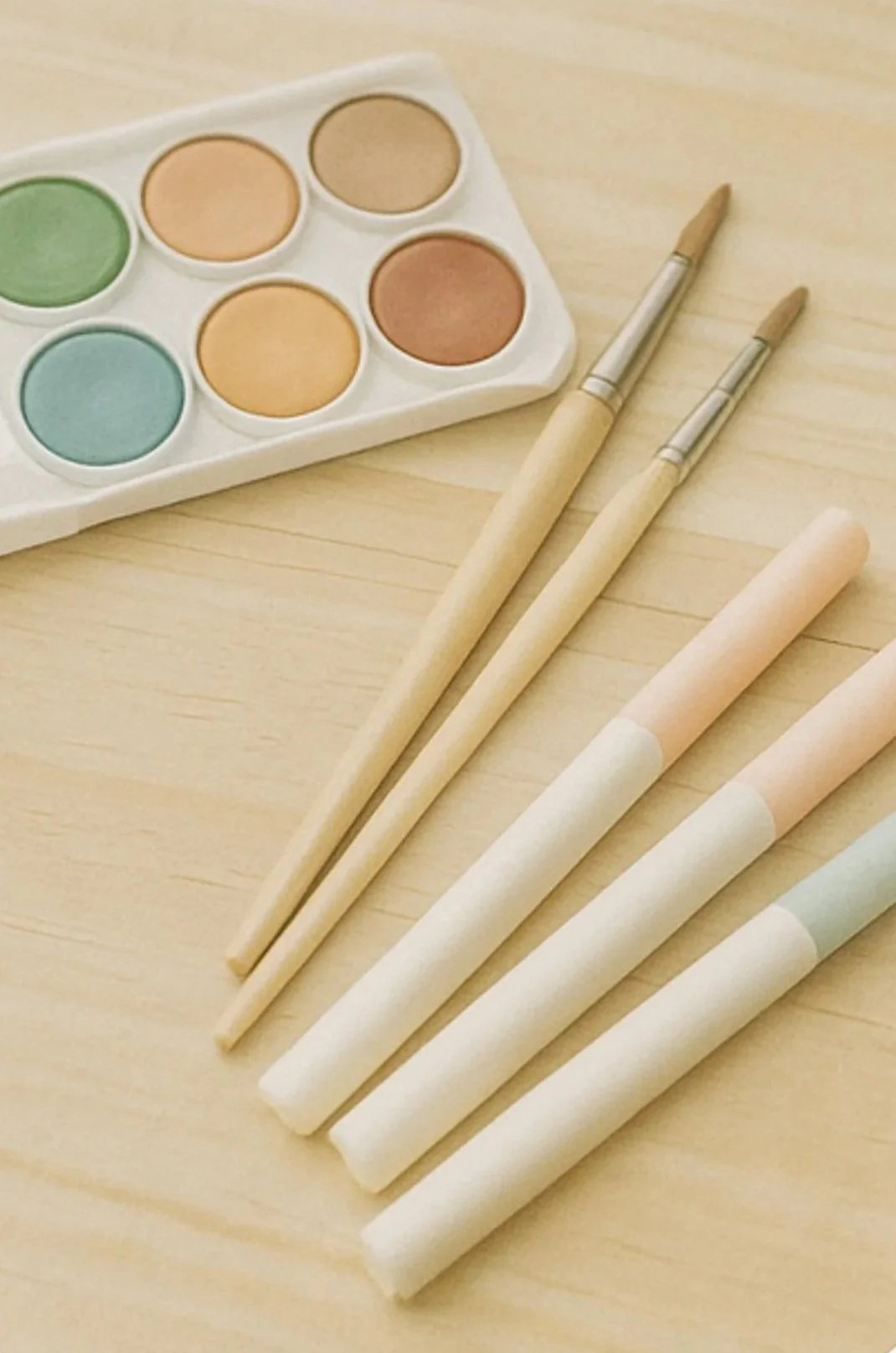 Watercolor paint palette with brushes and markers on a light wooden surface.