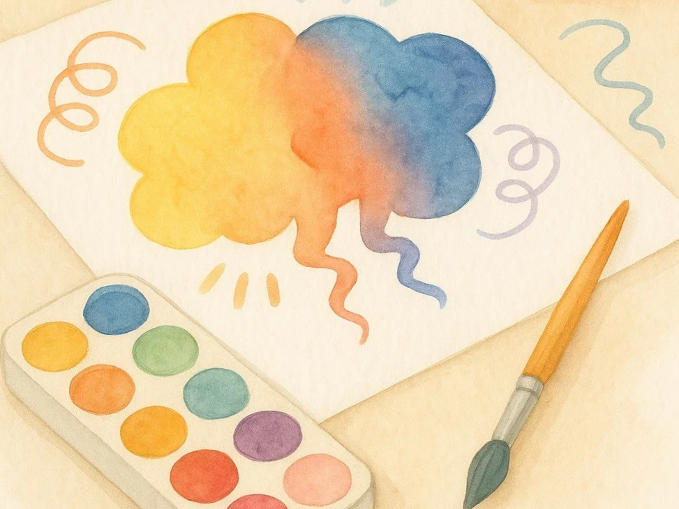 A watercolor painting with abstract shapes, shown alongside watercolor paints and a paintbrush.