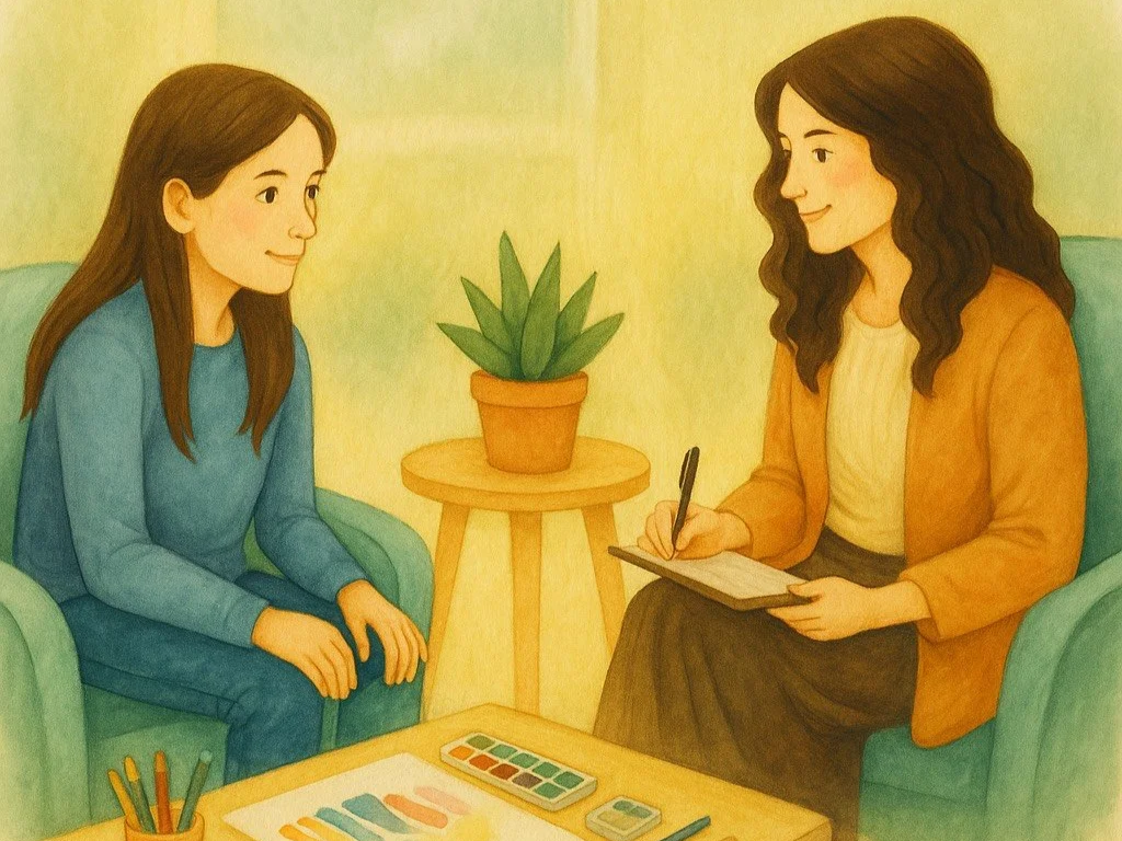 Two people seated in armchairs facing each other with a small table and art supplies between them.