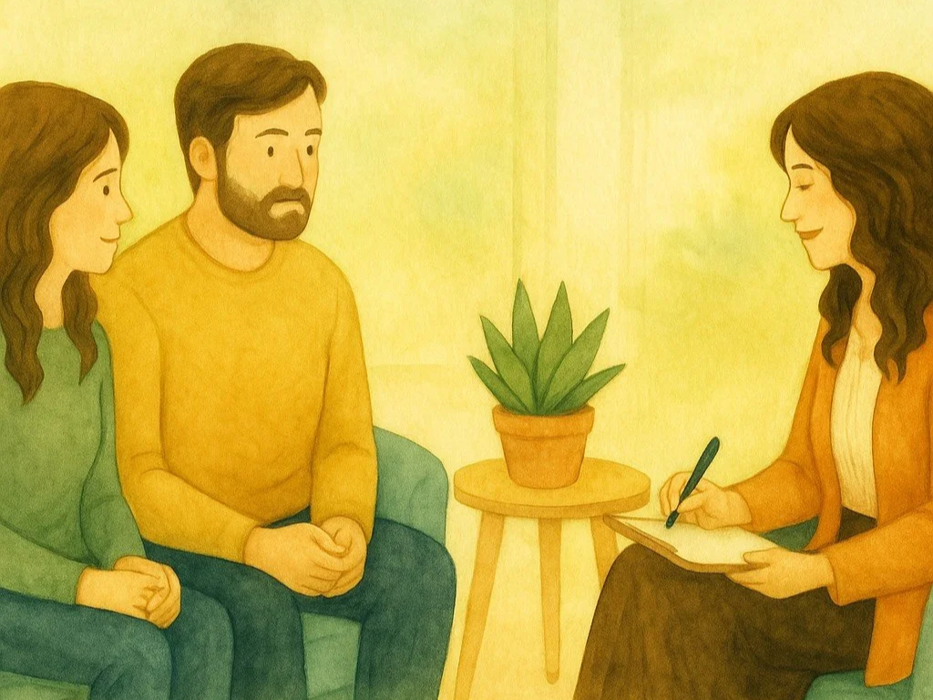 Three people seated in a room with green chairs and a small table with a potted plant.