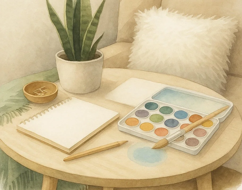 Wooden table with a plant, notebook, pencil, and watercolor art supplies in a cozy indoor setting.