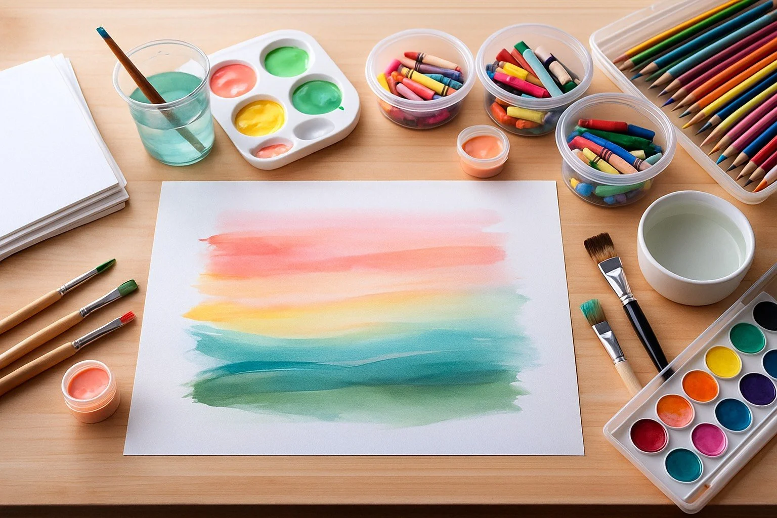 Art supplies including watercolor paints, brushes, colored pencils, and pastels arranged on a wooden table.