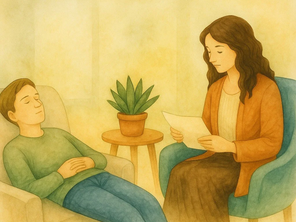 Two people in a room, one seated with a piece of paper and another resting on a sofa nearby.