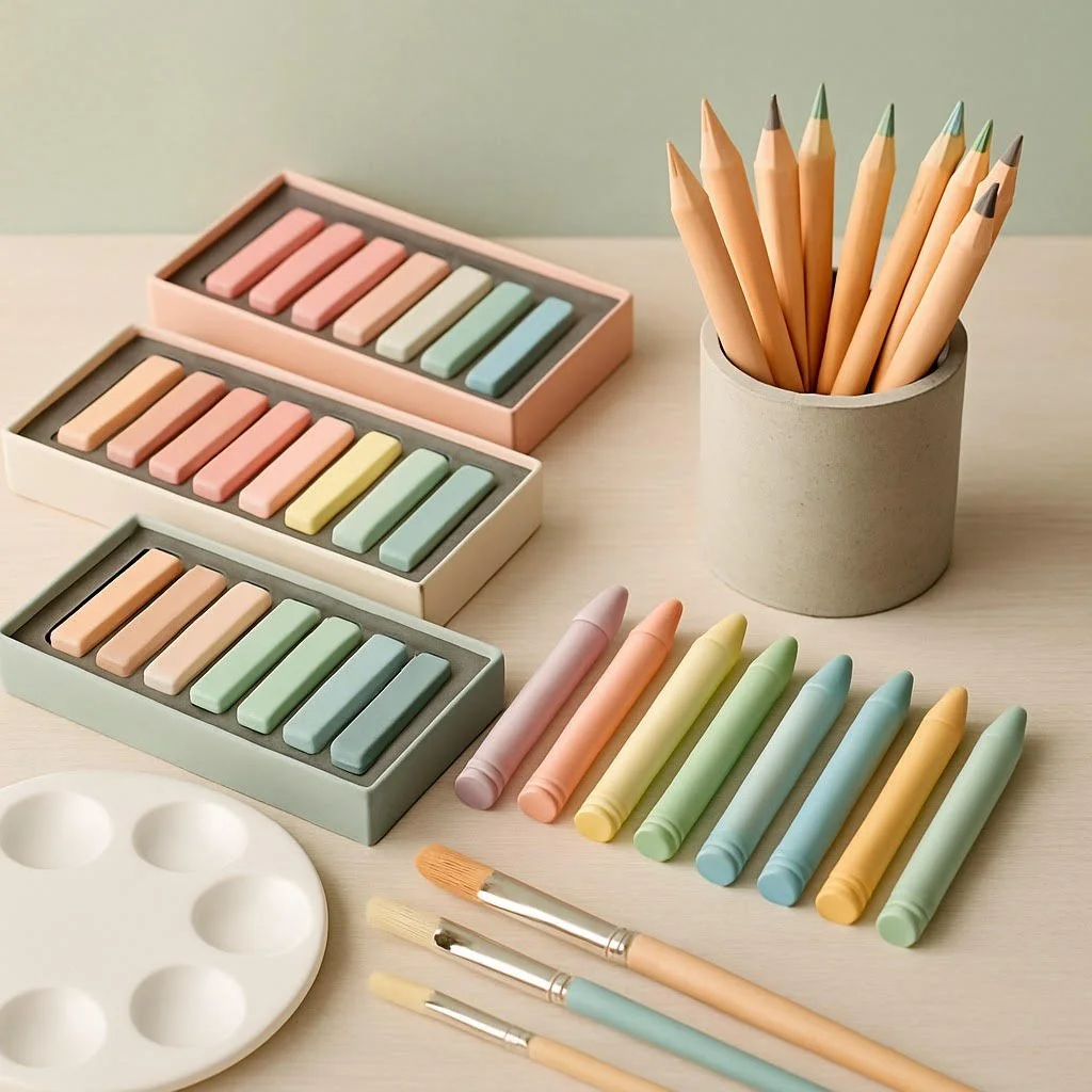 Pastel-colored art supplies, including chalks, brushes, and colored pencils, on a light surface.