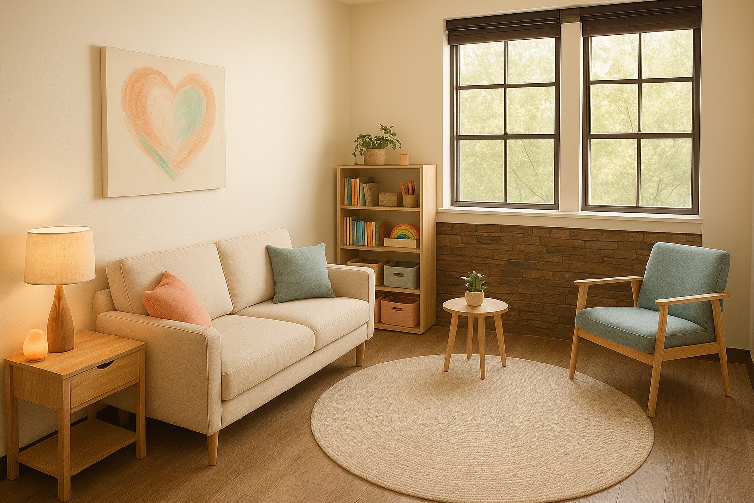 Cozy living room with soft seating, warm lighting, plants, and a large window.