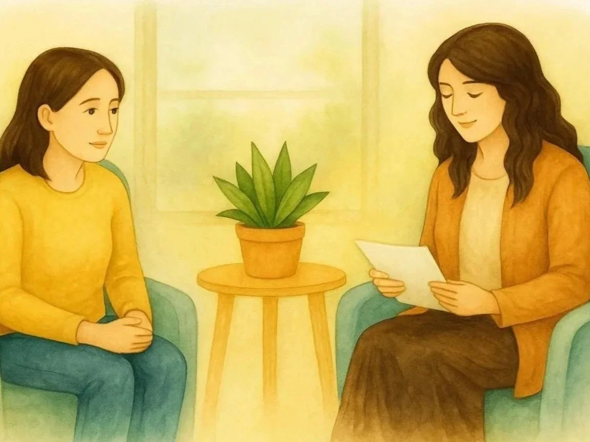 Two people seated in a cozy room with a small table and potted plant.