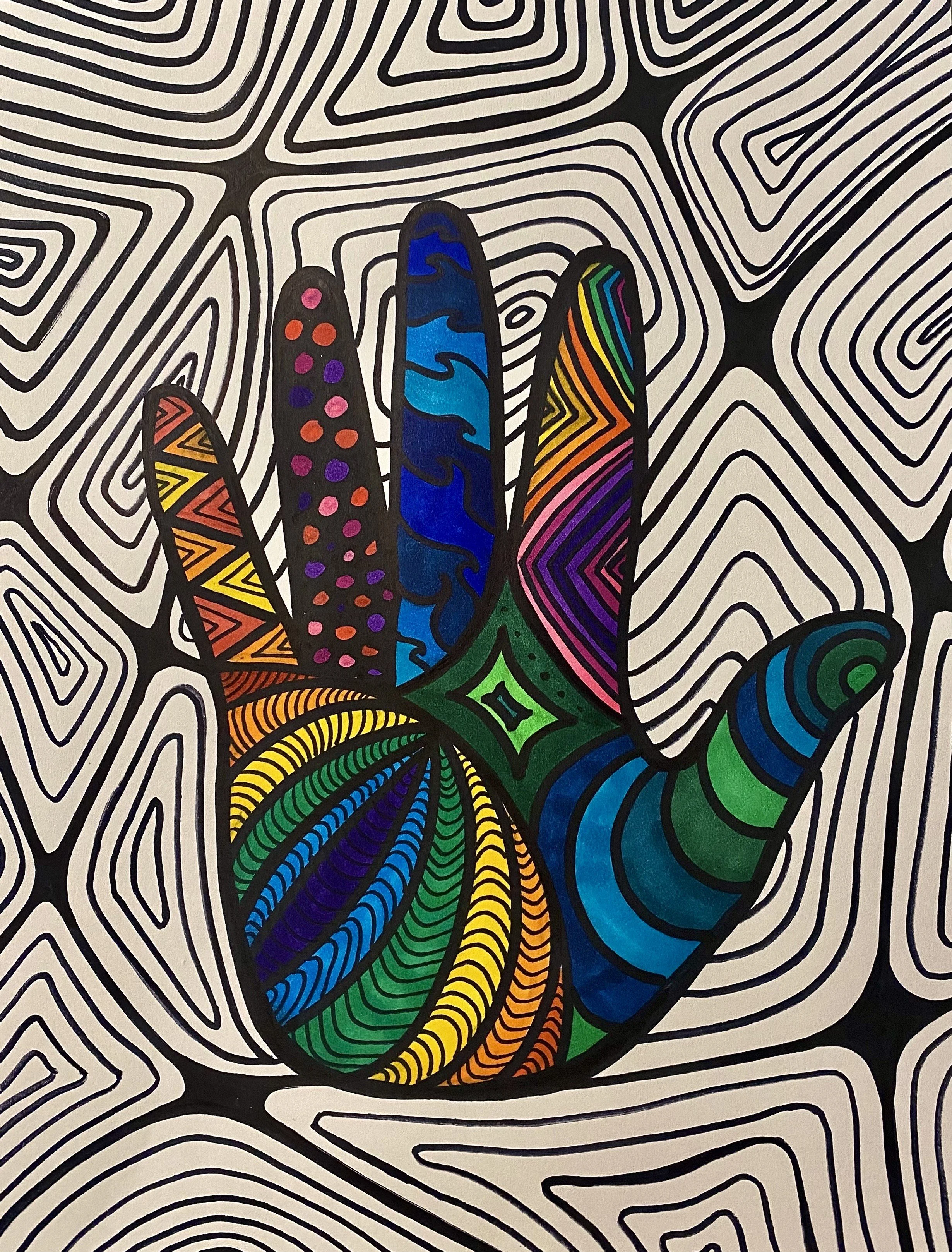 Colorful abstract line art of a hand with raised fingers on a patterned background.