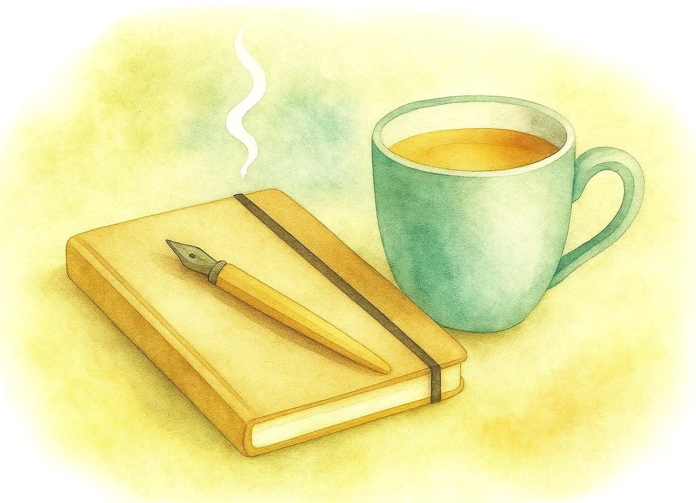 Steaming cup of coffee beside a closed notebook and a fountain pen.