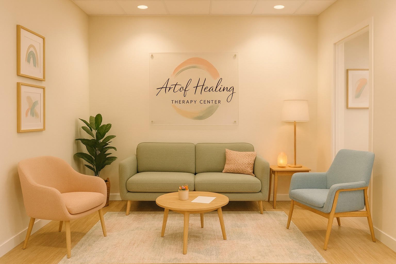 Therapy waiting area with pastel seating, a small wooden coffee table, plants, and warm lighting.