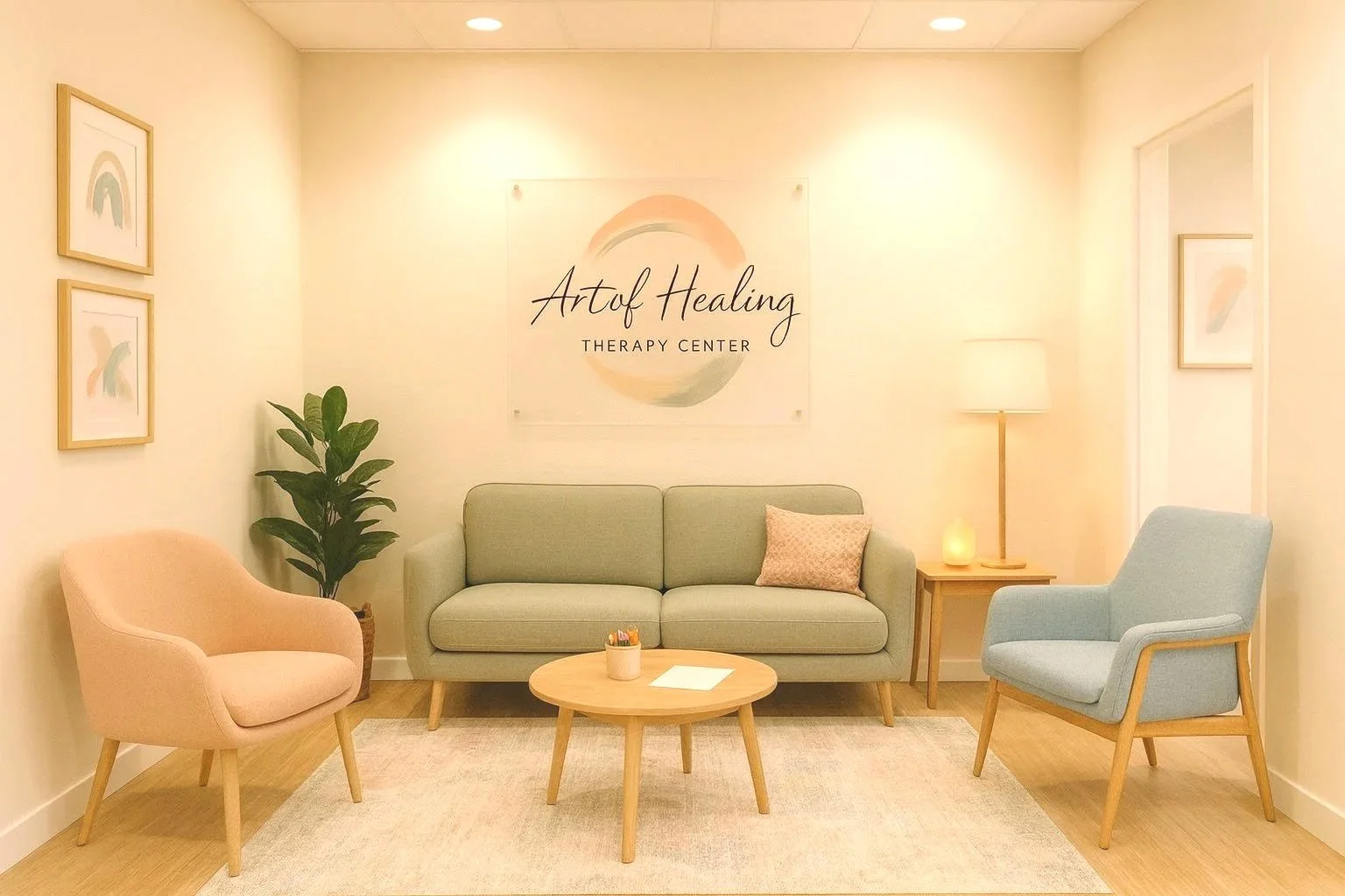 Therapy waiting area with pastel hairs, a green sofa, a wooden coffee table, and framed artwork.