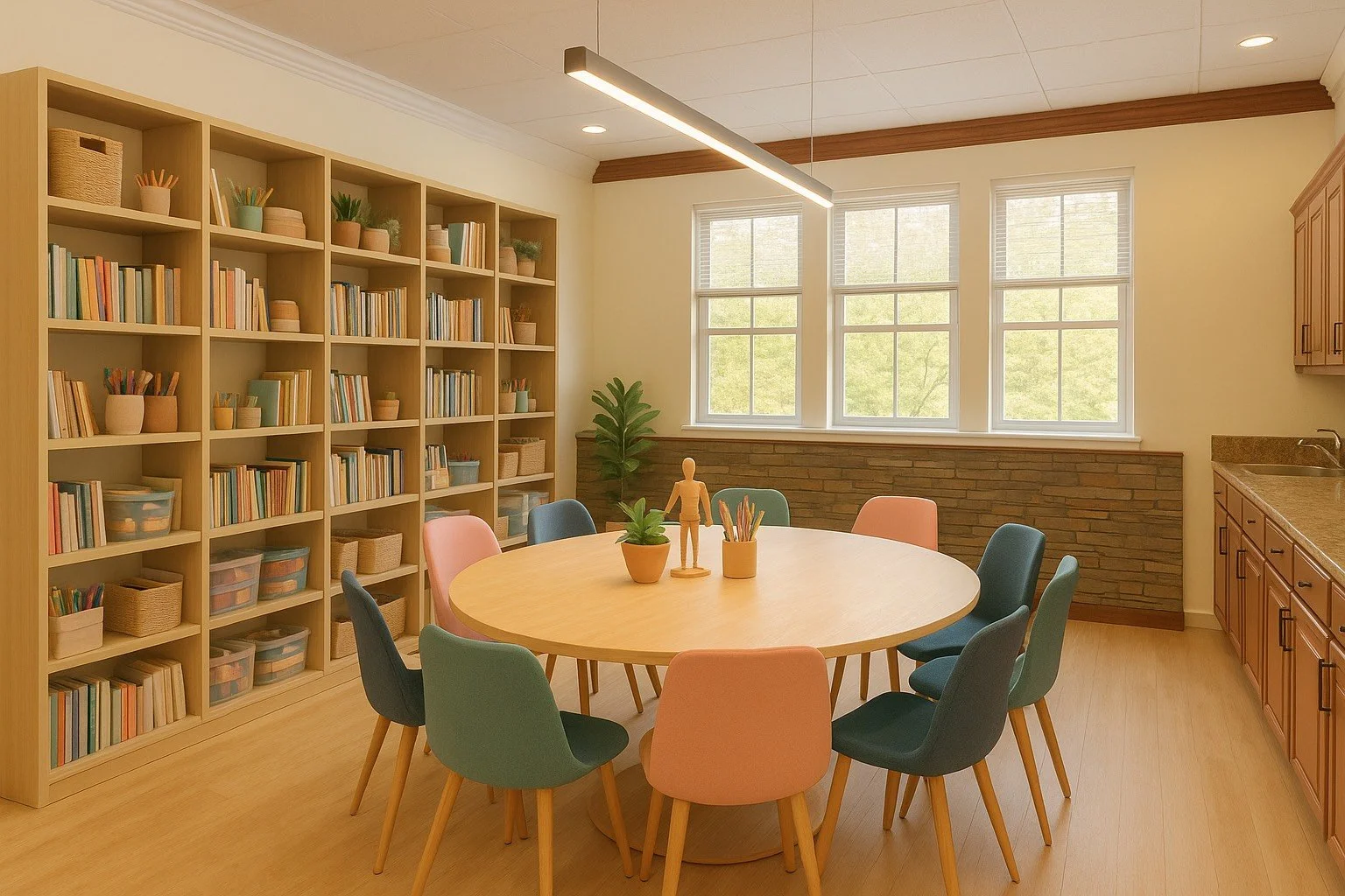 Group therapy room with a round wooden table, colorful chairs, bookshelves, and natural light.