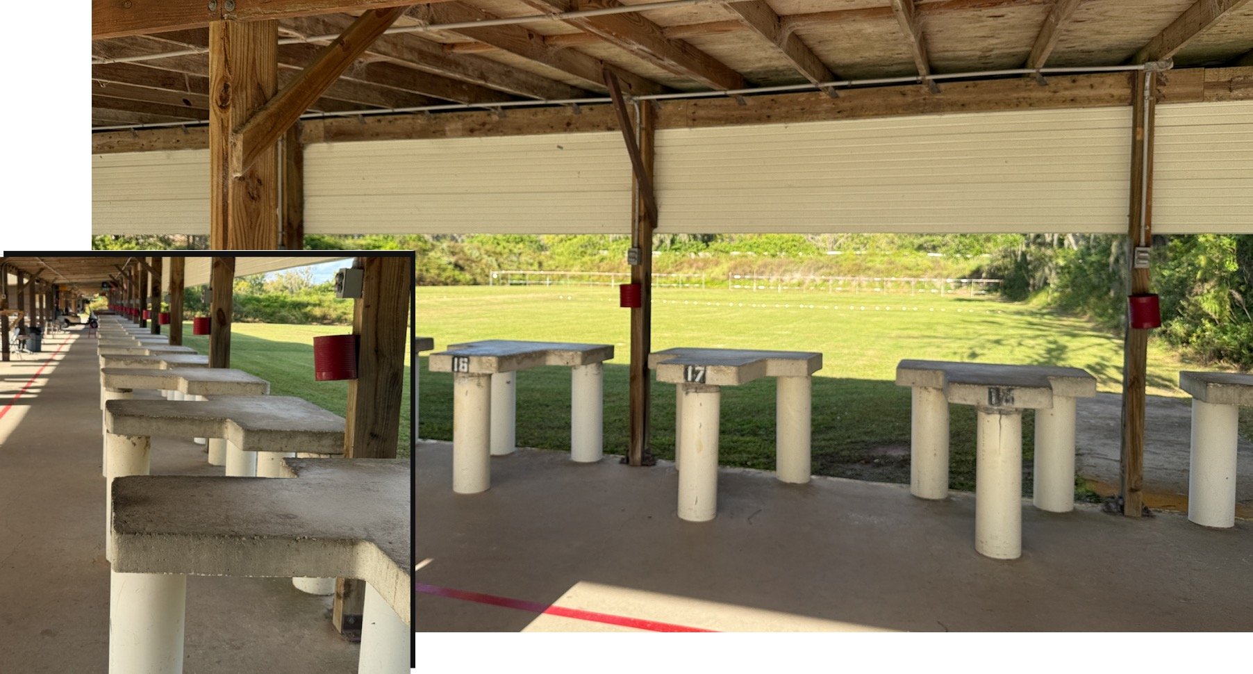 An outdoor shooting range with concrete shooting benches, numbered 15, 16, 17, and 18, under a wooden shelter. Green grass and trees are visible in the background.