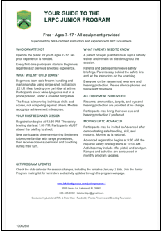 A flyer titled 'Your Guide to the LRPC Junior Program,' which offers free firearms safety and marksmanship training for children aged 7-17, with details on program benefits, registration process, and contact information.