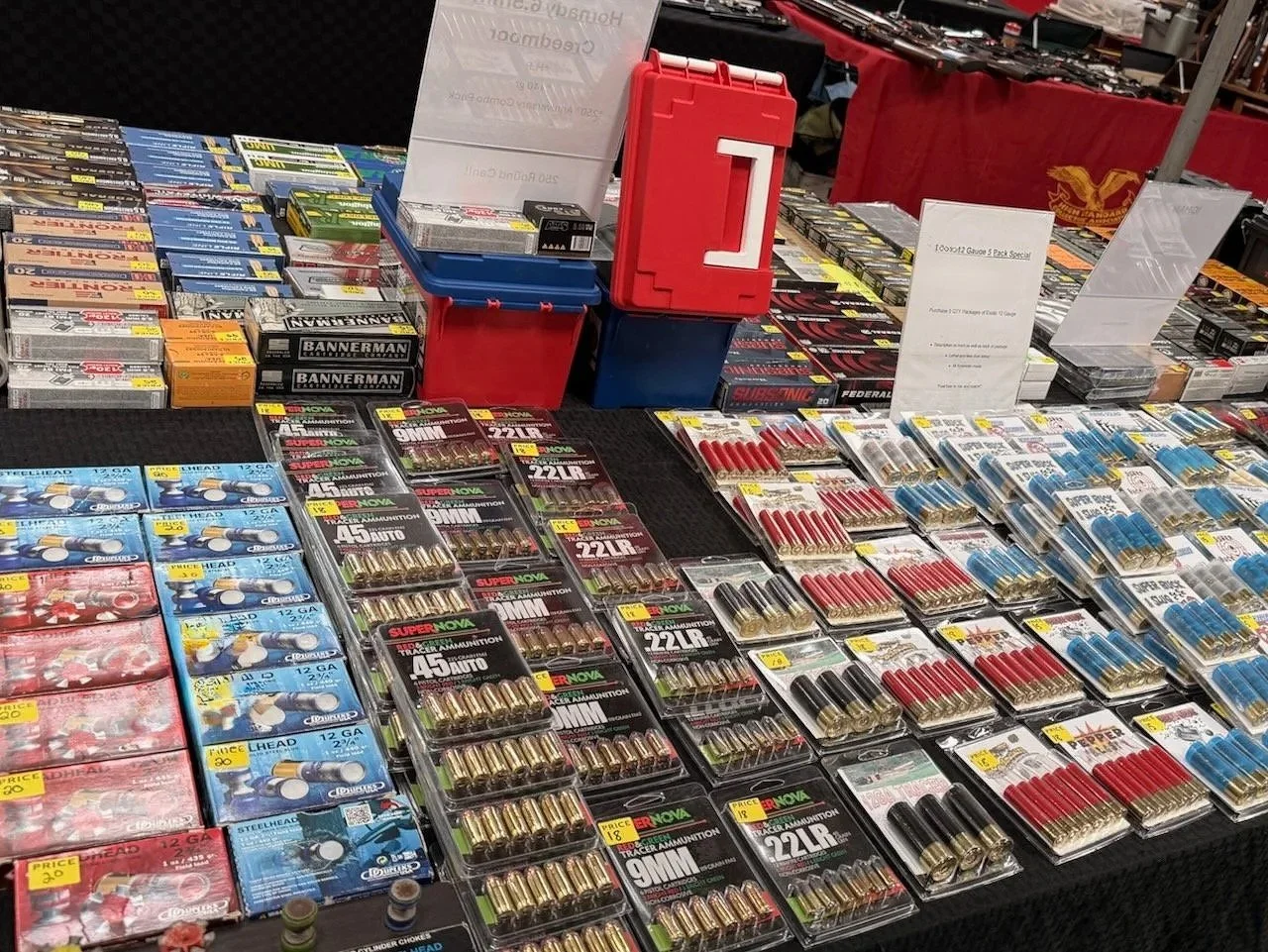 Display of a variety of boxes of ammunition