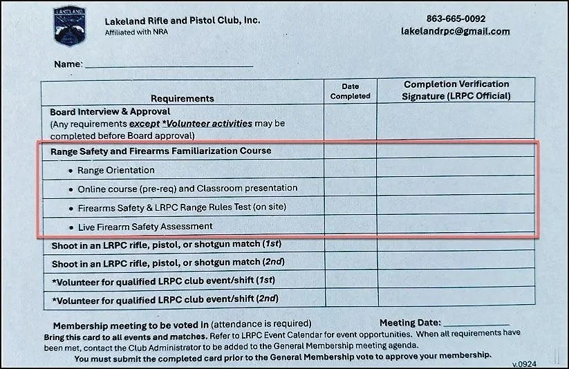 A membership form from Lakeland Rifle and Pistol Club, Inc. with requirements and verification sections. Highlights include the Range Safety and Firearms Familiarization Course underlined in red, listing activities such as range orientation, online course, onsite firearm safety test, and live firearm safety assessment.