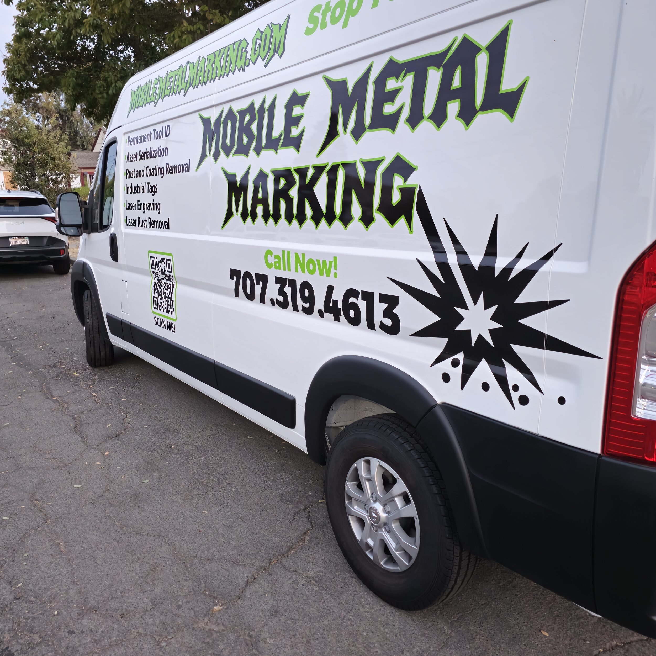 Mobile Metal Marking van carrying a 1500W laser cleaner for on-site rust and paint removal