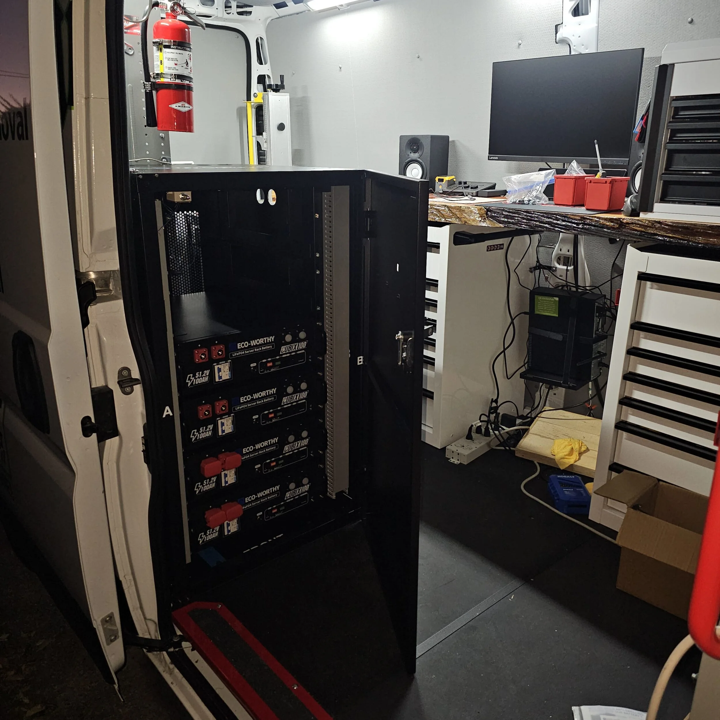 Onboard battery bank in the Mobile Metal Marking van that powers the engraving laser
