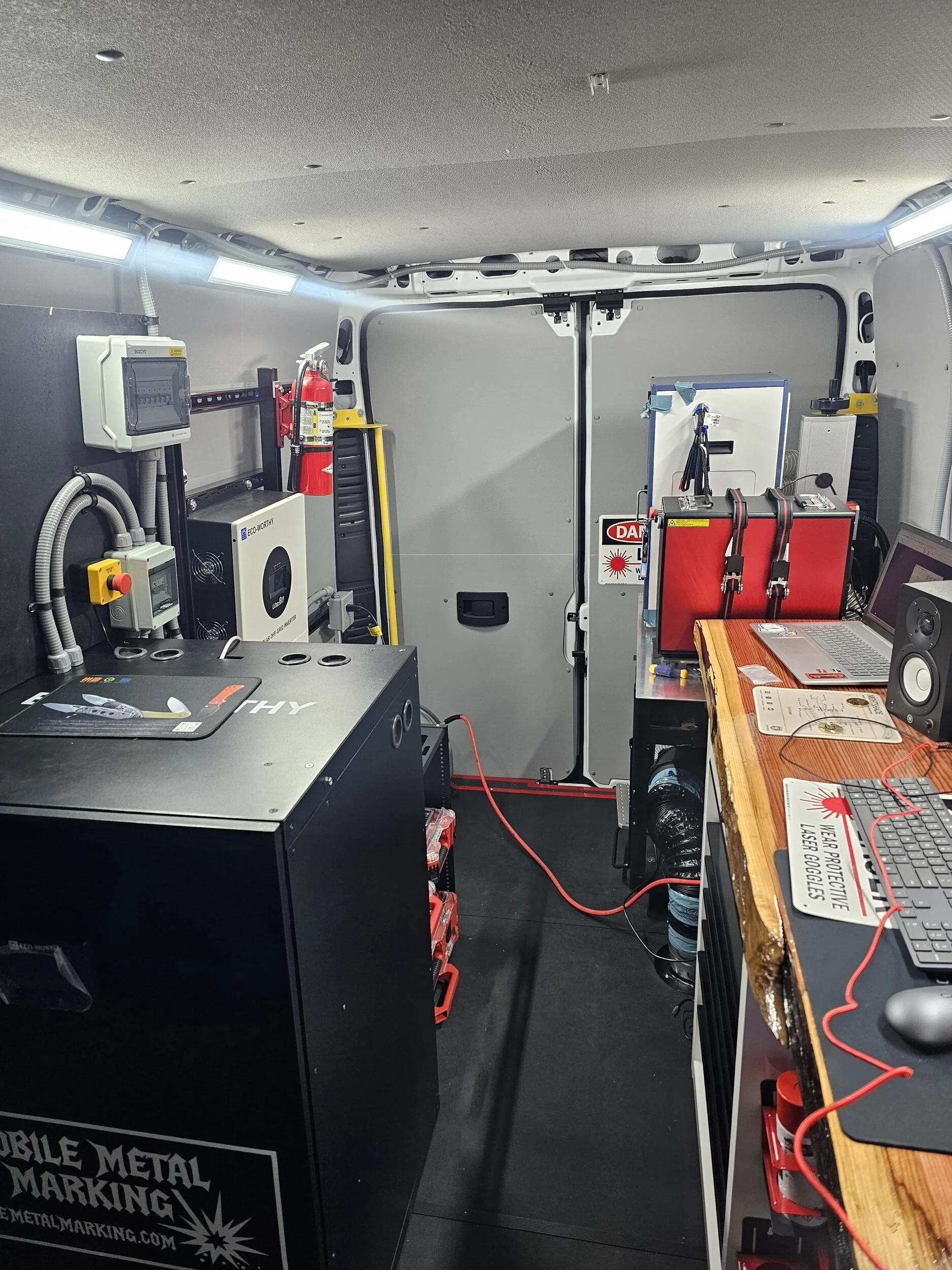 Inside the Mobile Metal Marking van: fiber laser engraving station and onboard power system