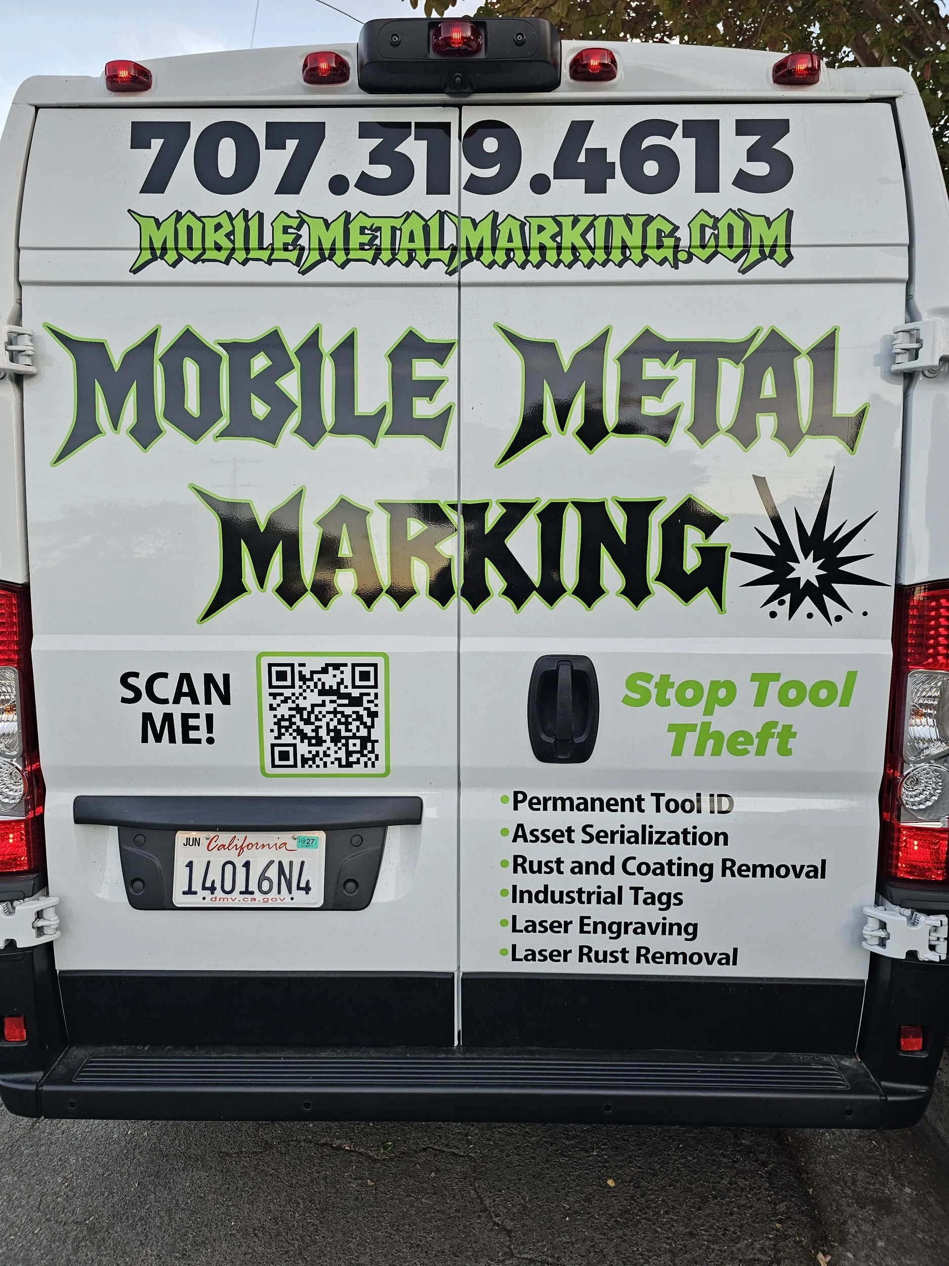 Rear doors of the Mobile Metal Marking van listing permanent tool ID, asset serialization and industrial tags