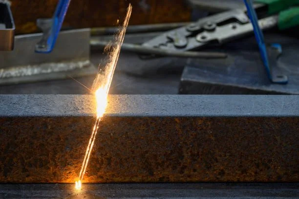 A spark igniting from welding or grinding metal on a rusty steel surface in a workshop.
