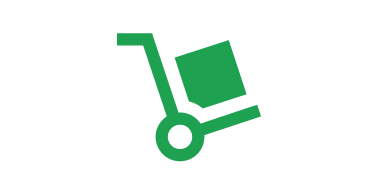 A simple black and green icon of a hand truck or dolly with a box on it.