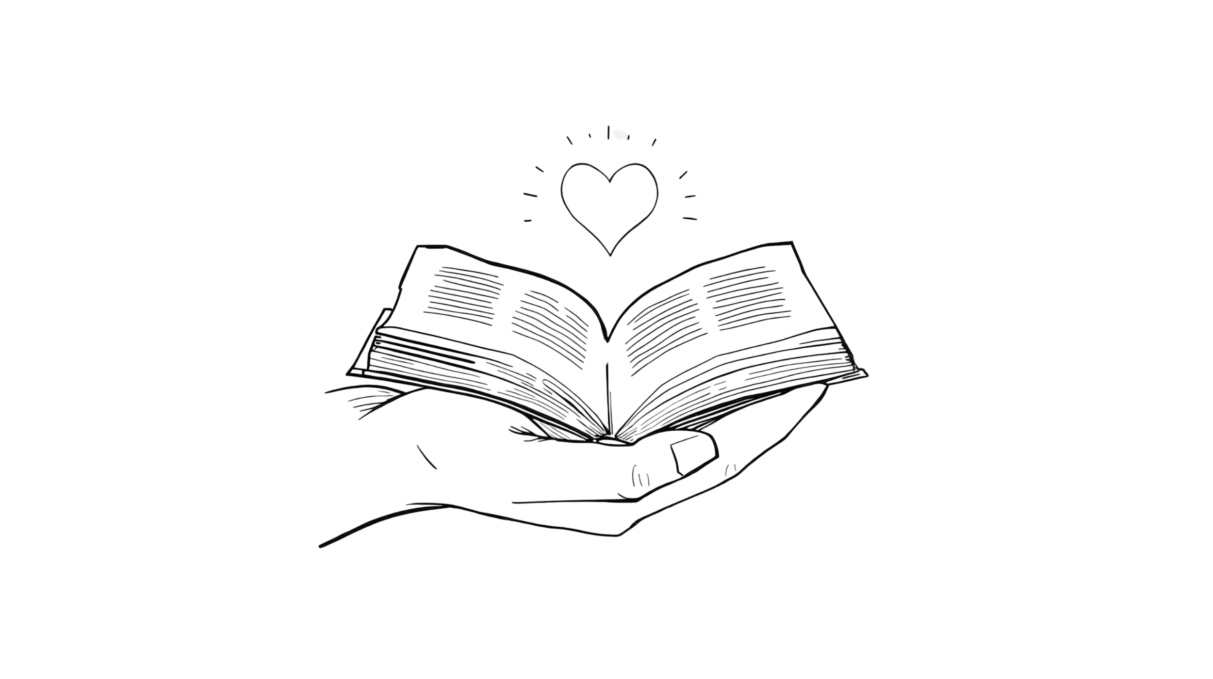 Hand holding a book with a love heart above the book.