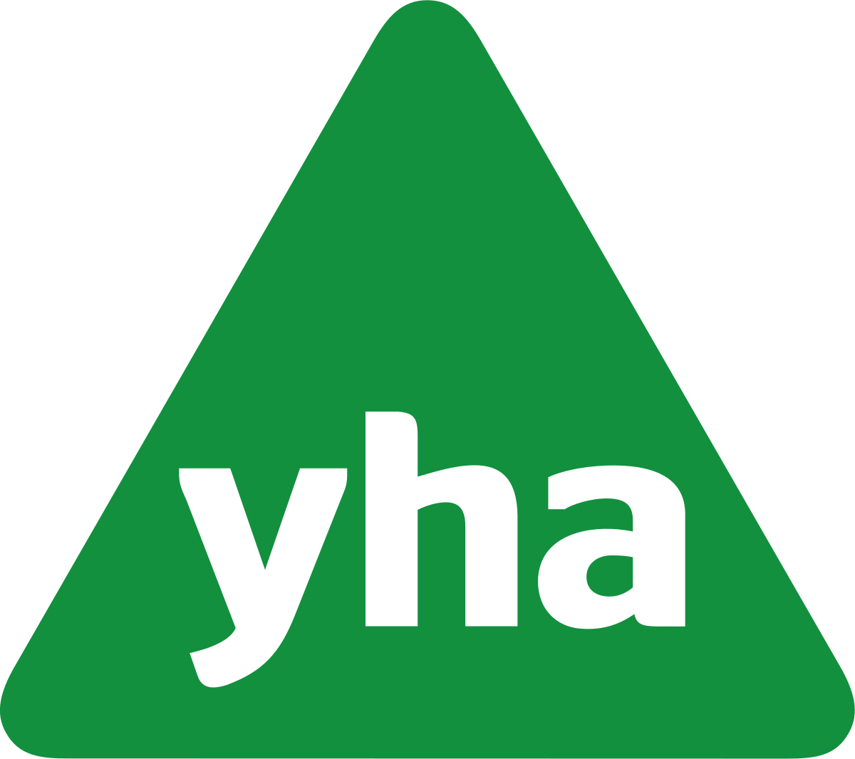 A green triangular road sign with the word 'yha' in white lowercase letters.