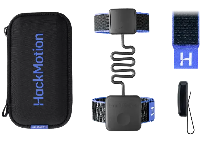 Le système HackMotion, avec son étui et ses accessoires