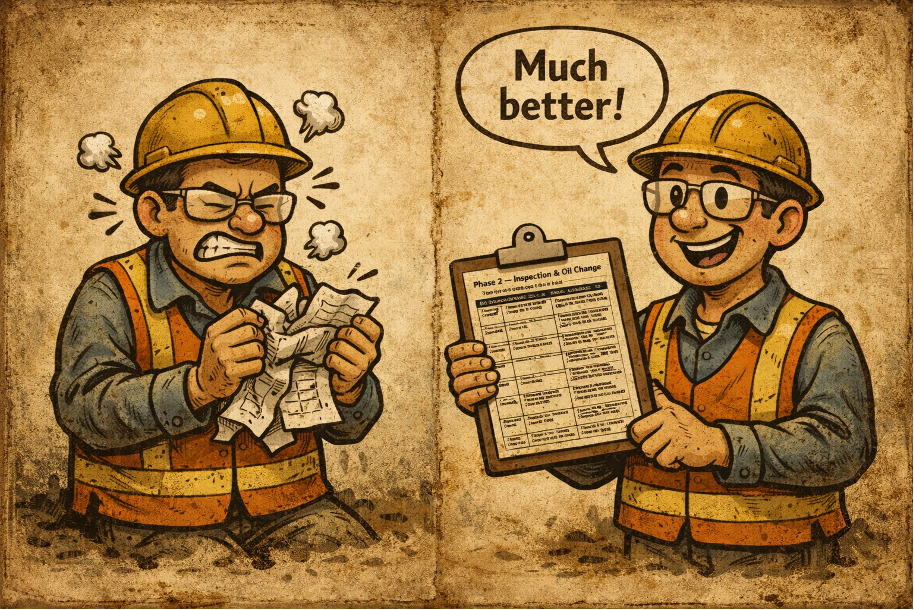 Two construction workers in safety gear, one angry and looking at crumpled paper, the other smiling and holding a clipboard with inspection results, saying "Much better!"