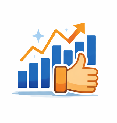 Graph with increasing bars, an upward trending arrow, a thumbs-up sign, and star-like sparkles.