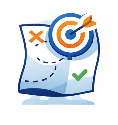 Illustration of a strategy or planning map with a target, checkmark, and X mark, symbolizing goal setting and decision making.