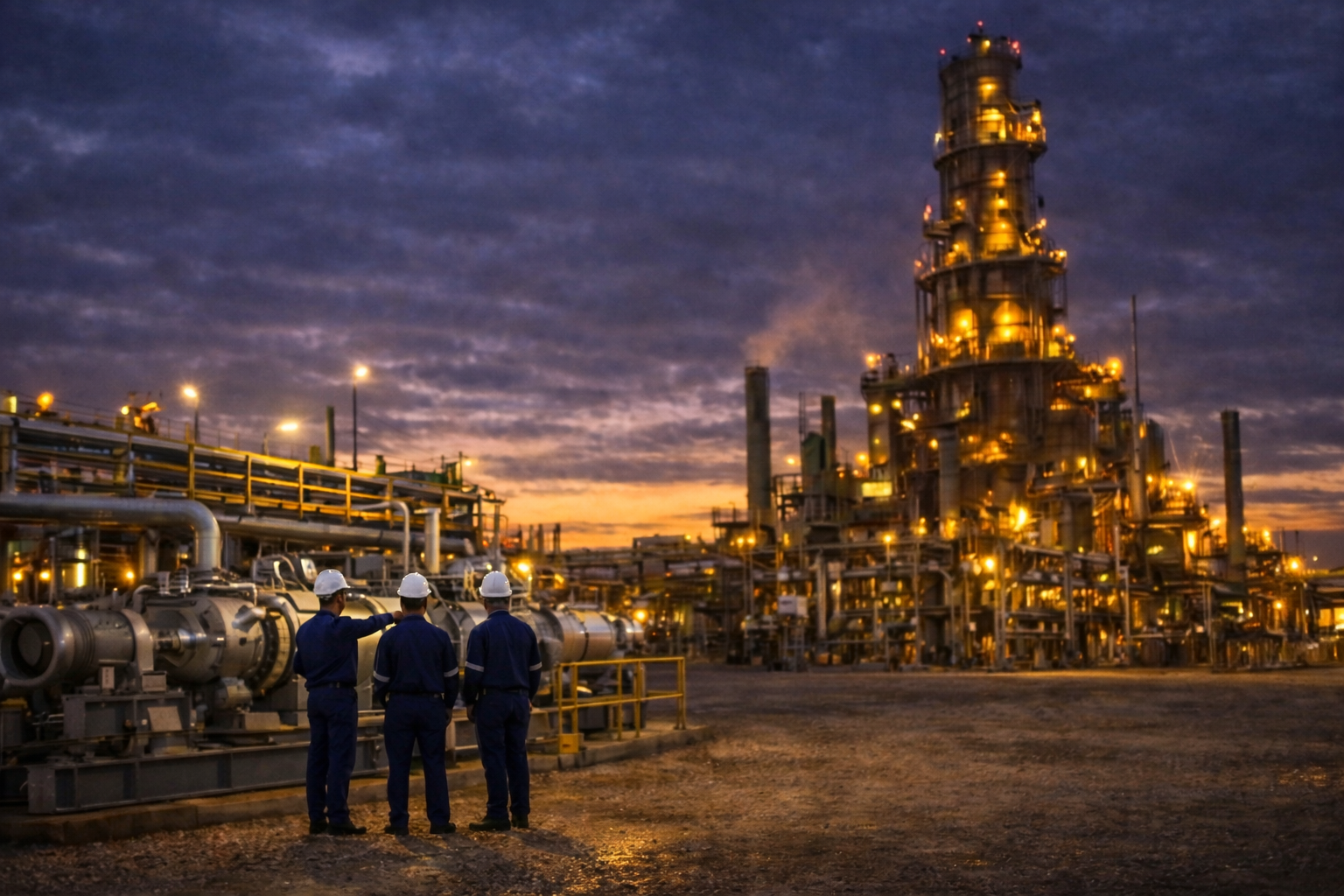 Three workers in safety gear standing and talking at an industrial oil refinery during sunset.