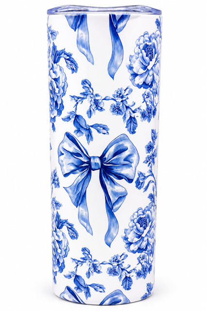 Blue Floral & Ribbon Tumbler – 20oz, Ready to Ship