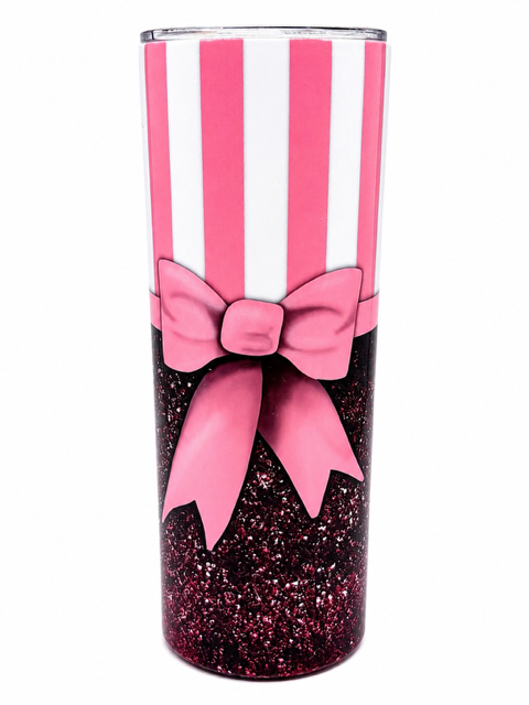 Pink Bow Striped & Glitter Tumbler – 20oz, Ready to Ship