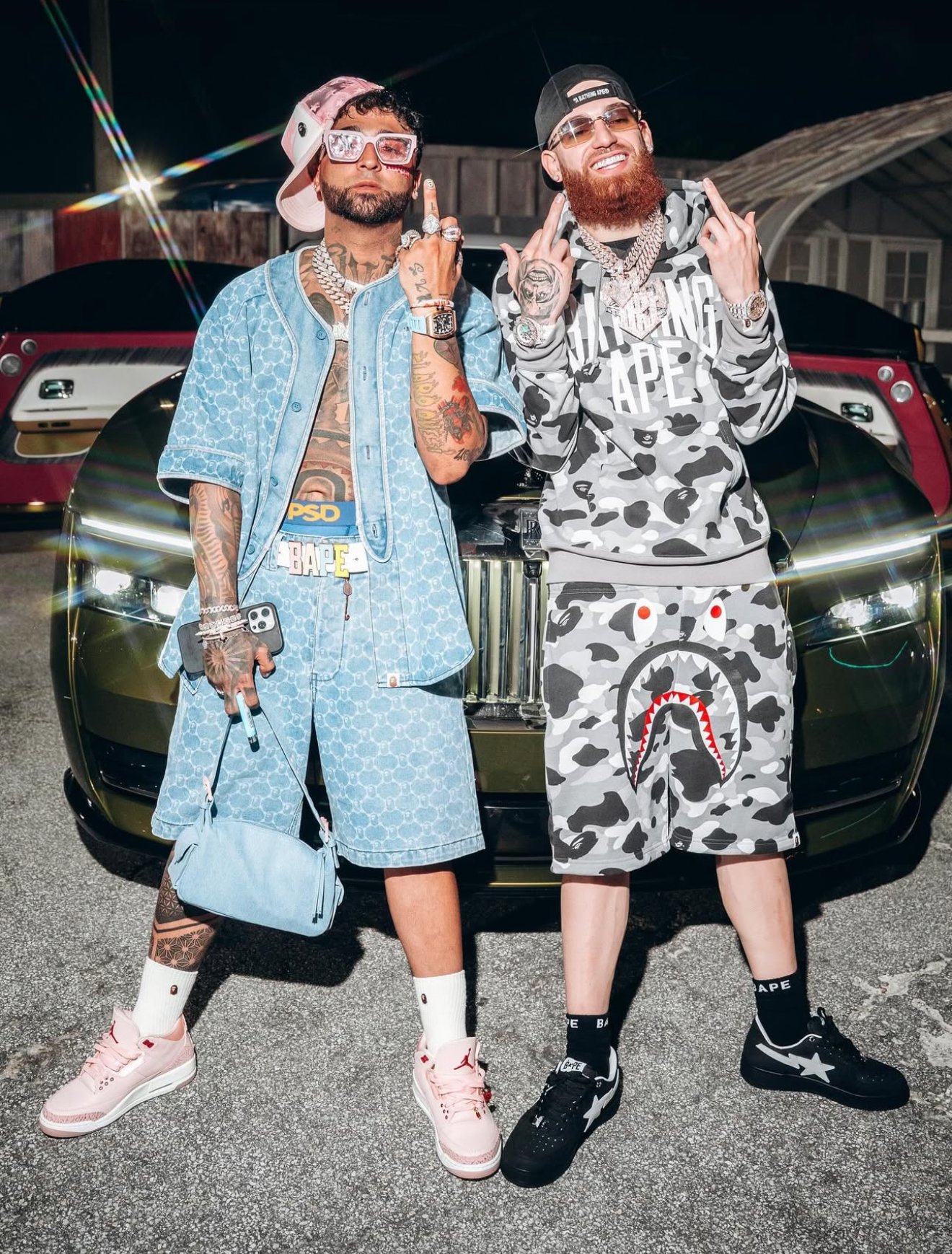 Hades (Right) in FW24 BAPE Color Camo Grey Hoodie, Shark Sweatshorts and Bapestas