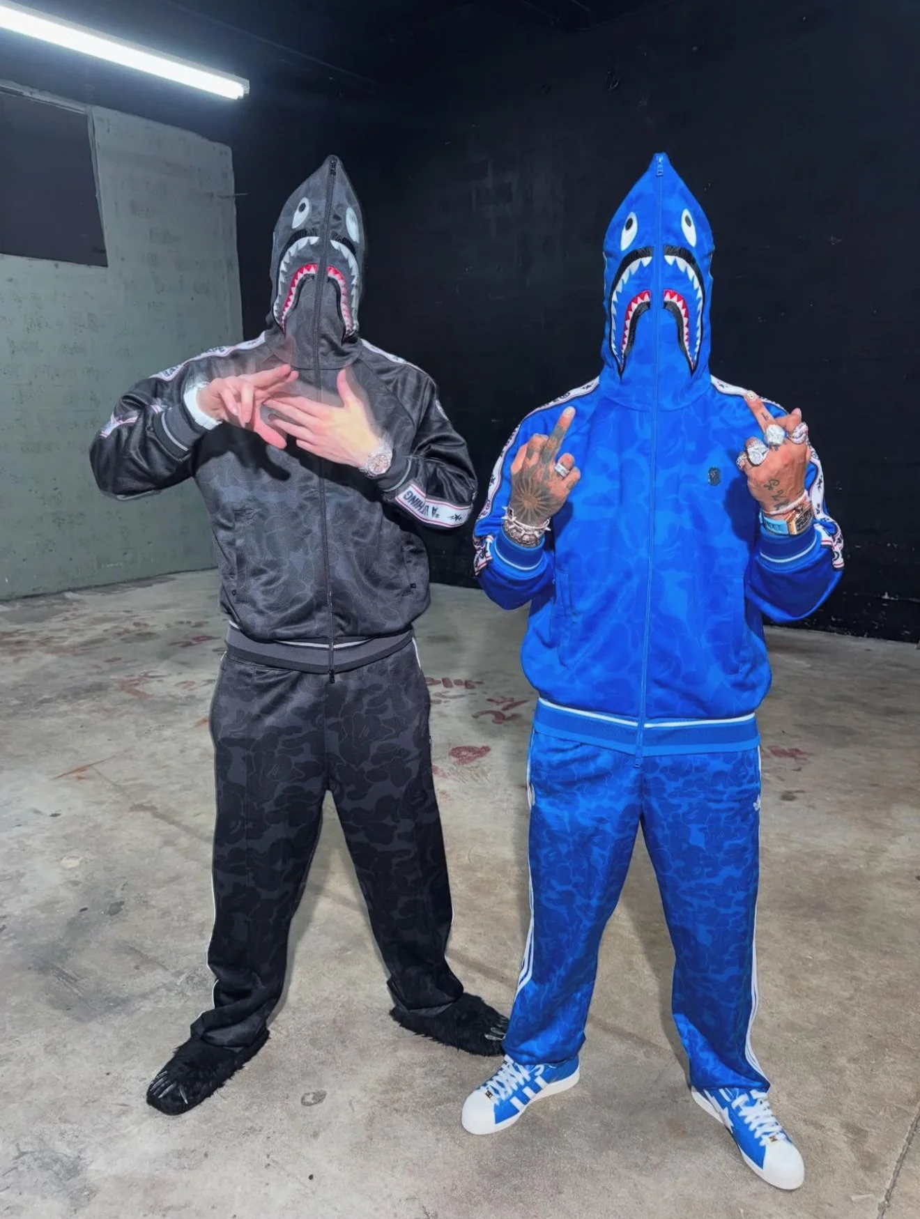 Hades (Left) in FW24 BAPE Tonal Camo Track Jacket & Track Pants