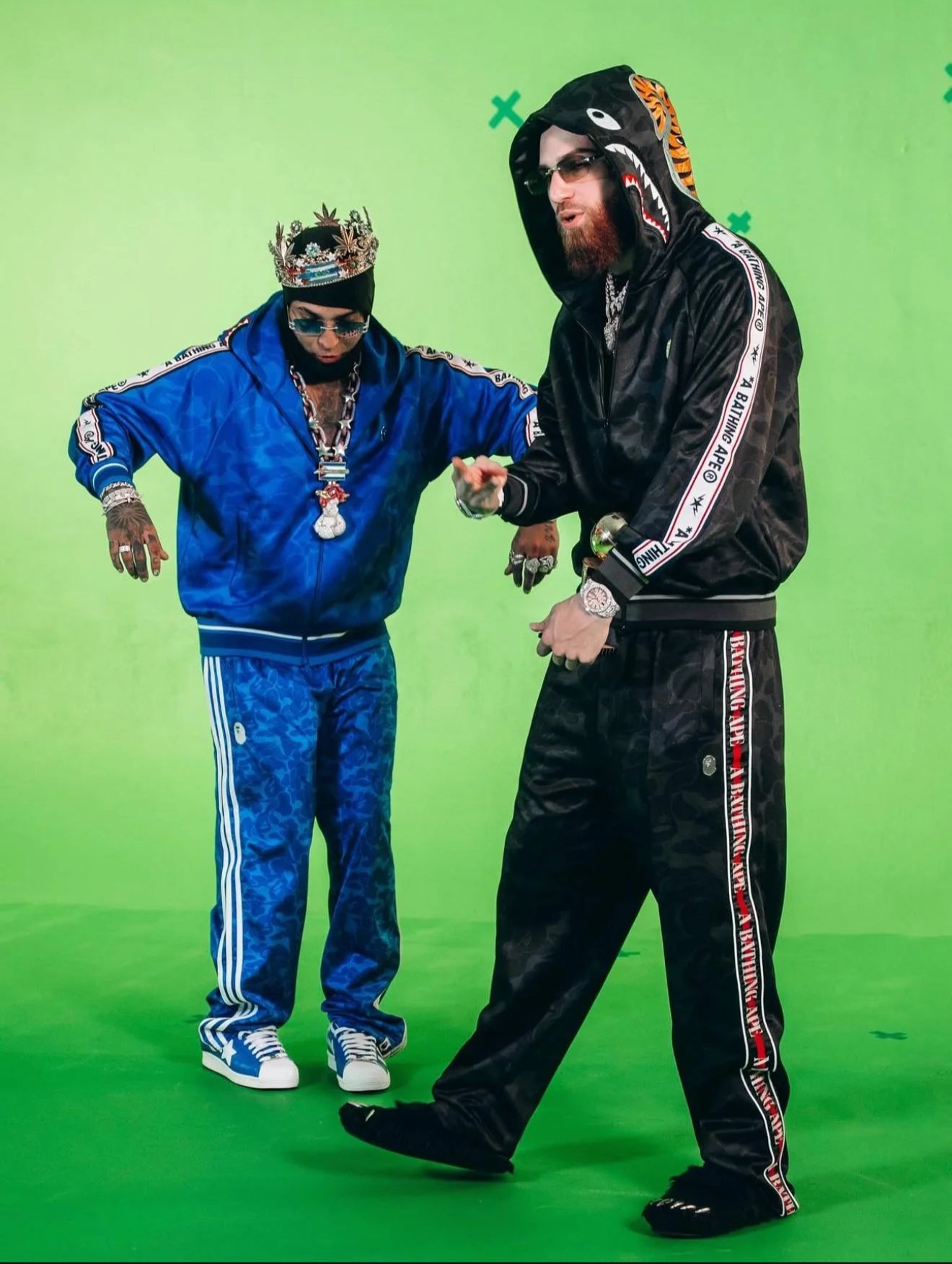 Hades (Right) in FW24 BAPE Tonal Camo Track Jacket & Track Pants.