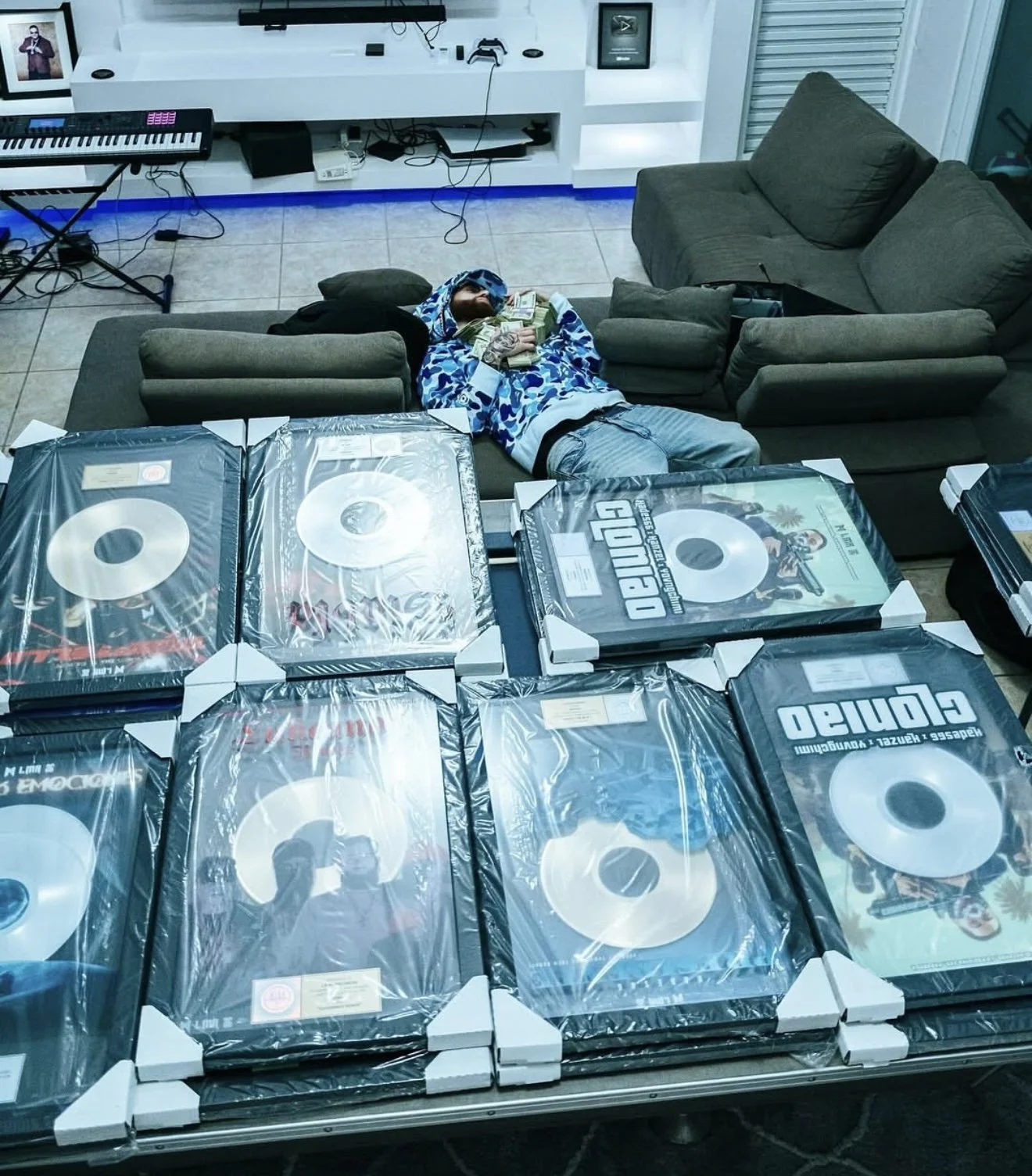 Hades in SS25 BAPE ABC Camo Blue Trucker Hat & Shark Full-Zip Hoodie