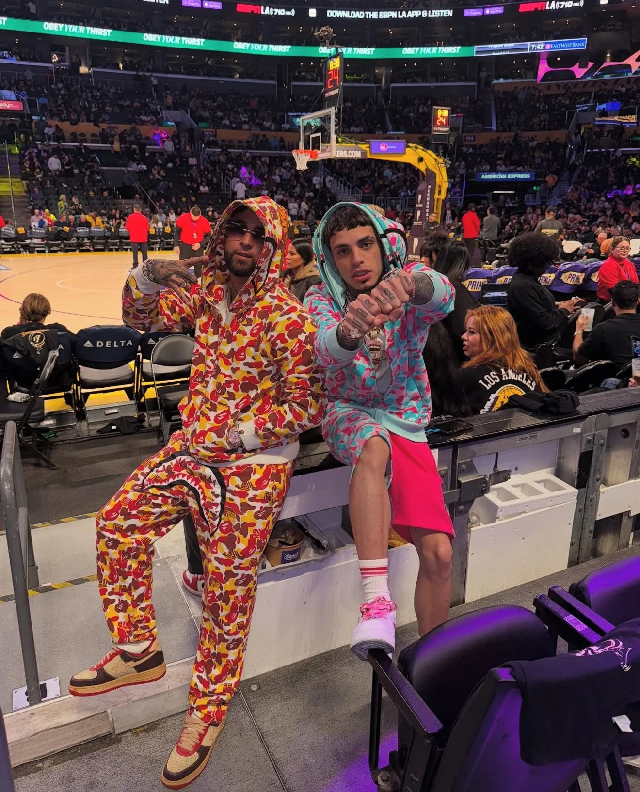 Luar La L (Right) in FW24 BAPE Miami Camo Exclusive Shark Hoodie, Sweatshorts & Bapestas