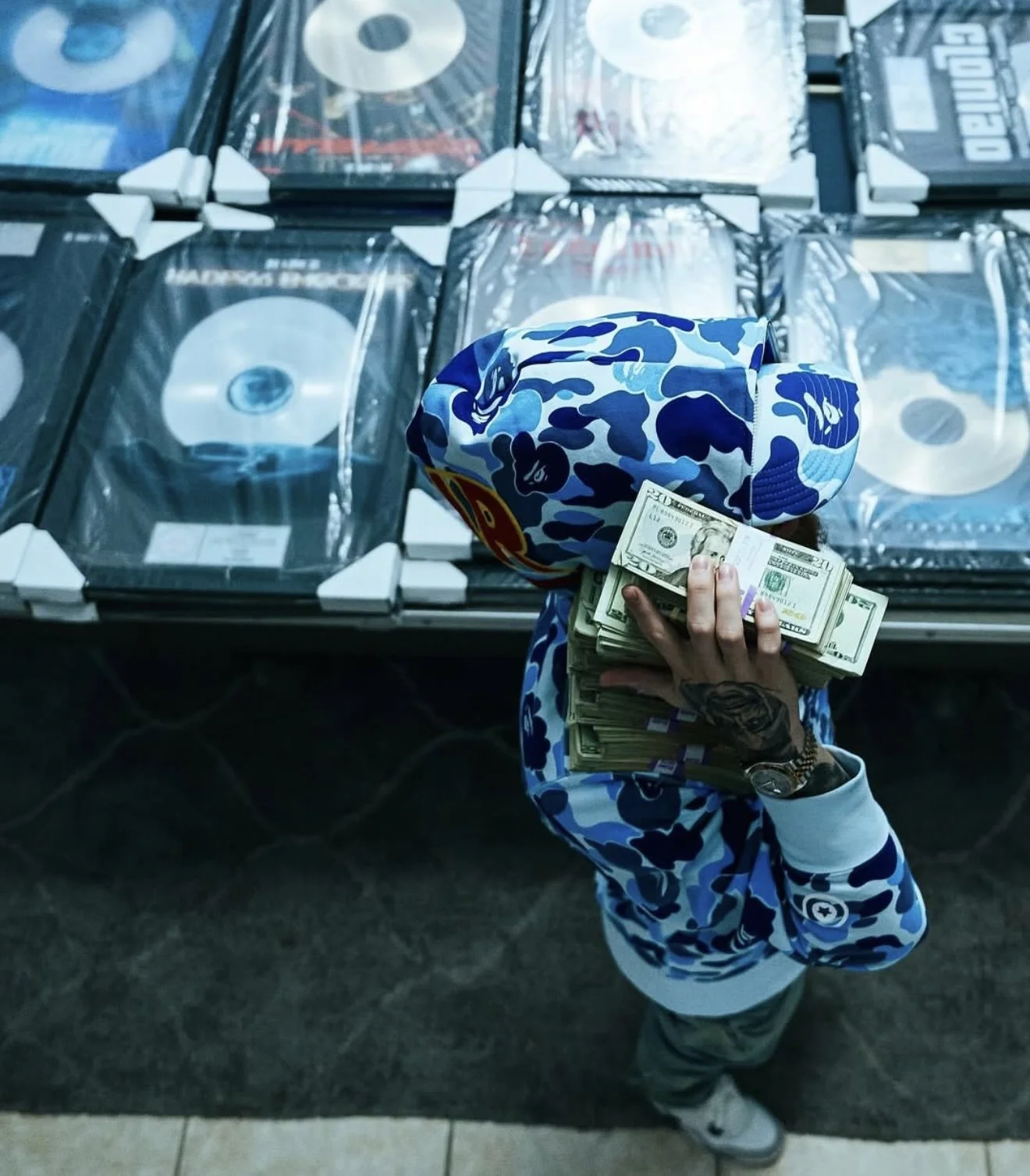 Hades in SS25 BAPE ABC Camo Blue Trucker Hat & Shark Full-Zip Hoodie