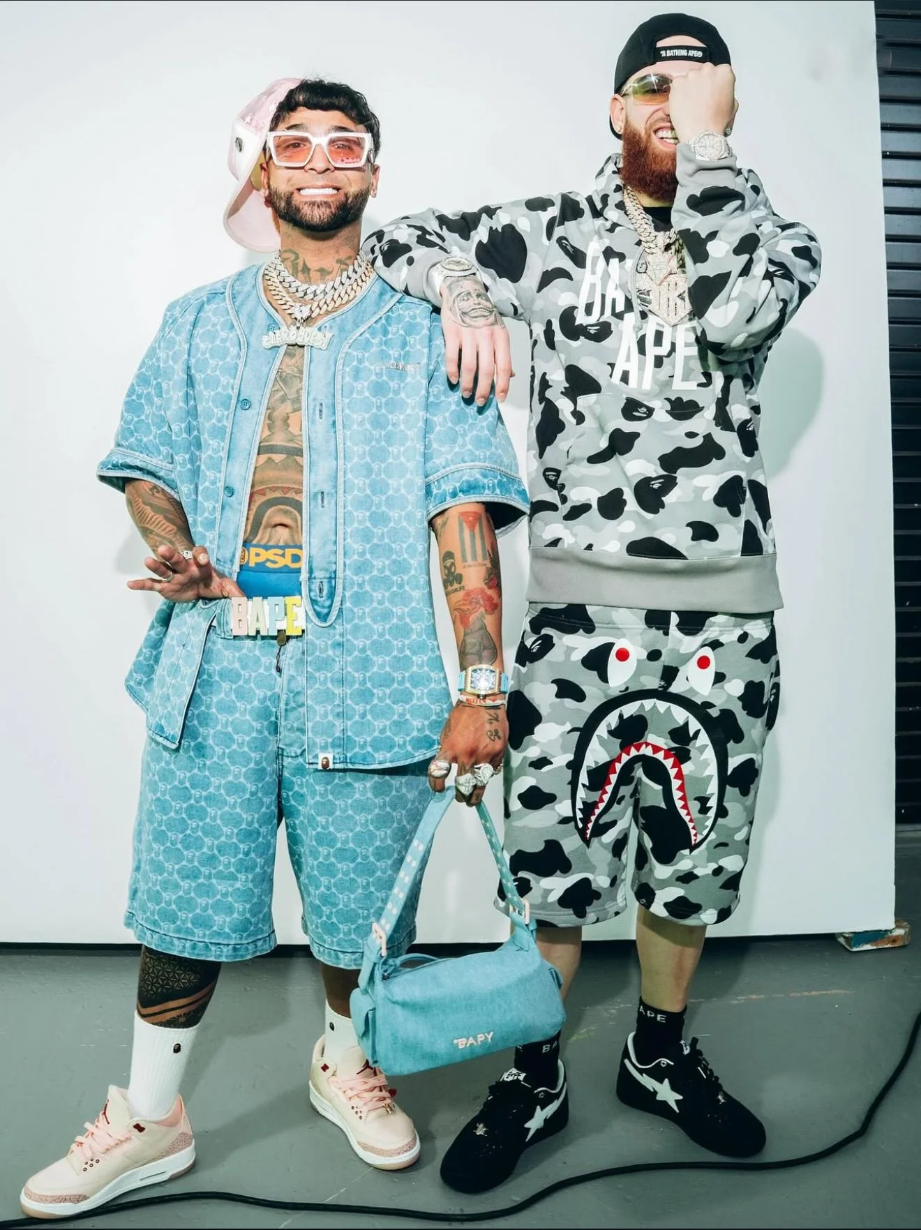 Hades (Right) in FW24 BAPE Color Camo Grey Hoodie, Shark Sweatshorts and Bapestas