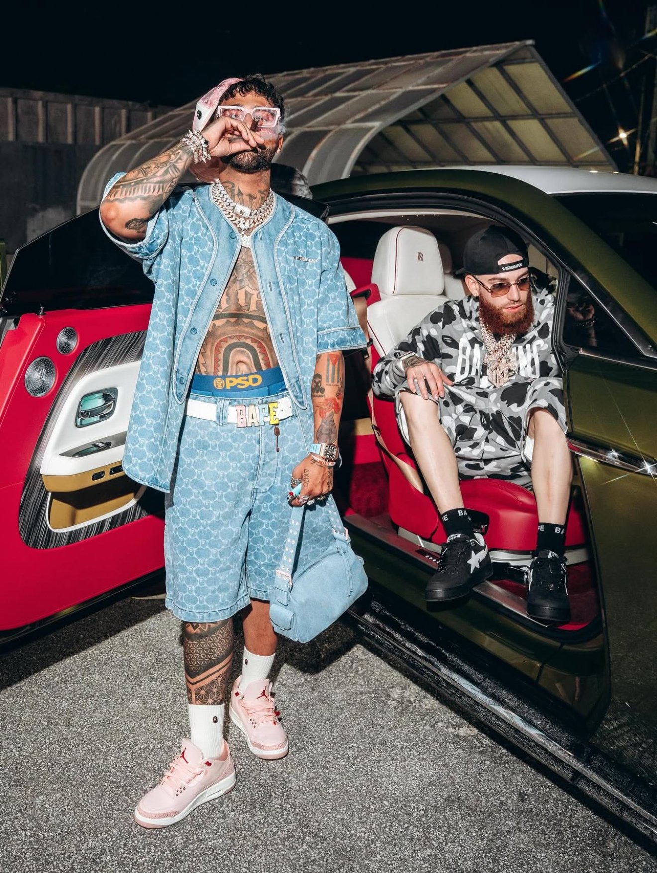 Hades (Right) in FW24 BAPE Color Camo Grey Hoodie, Shark Sweatshorts and Bapestas
