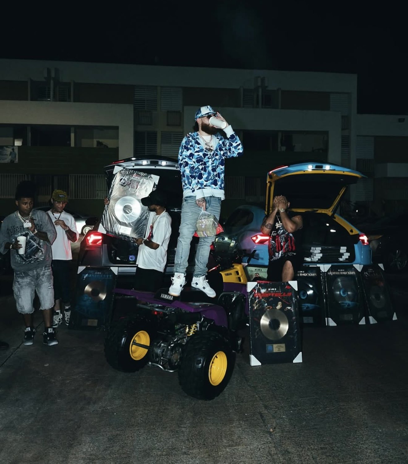 Hades in SS25 BAPE ABC Camo Blue Trucker Hat & Shark Full-Zip Hoodie