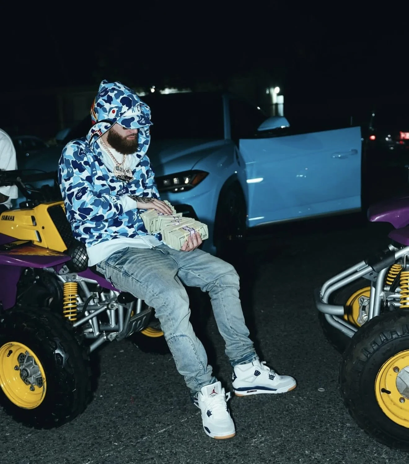 Hades in SS25 BAPE ABC Camo Blue Trucker Hat & Shark Full-Zip Hoodie