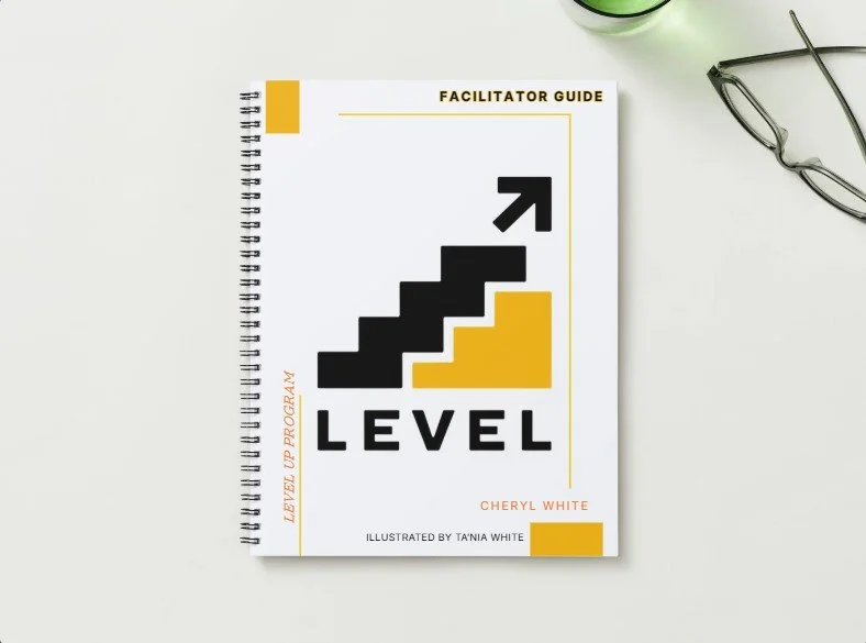 The Level Up Program facilitator guide: a spiral-bound book with the Level Up staircase logo on a light cover.