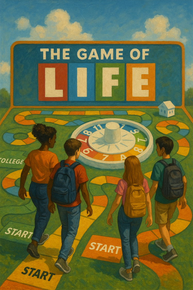 Illustration of a life-sized board game called The Game of Life. Young people with backpacks stand at squares marked START, facing a winding path and a spinner, with a square marked College further along.