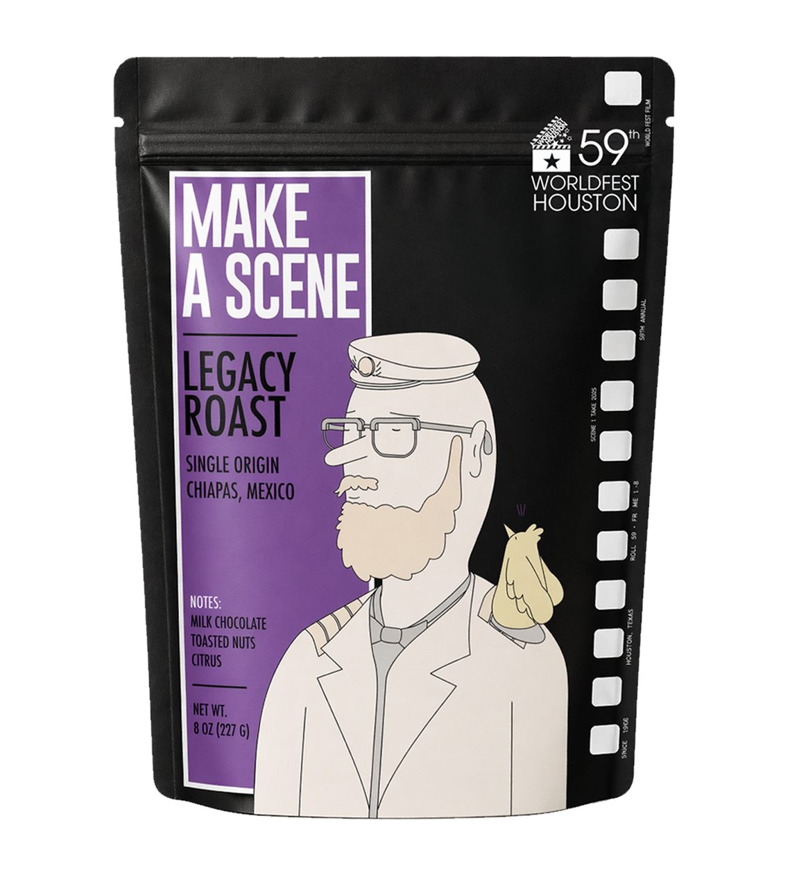Packaging of Make a Scene Legacy Roast coffee with a cartoon illustration of a man with glasses and a beard, dressed in a suit, holding a chicken, against a purple and black background.