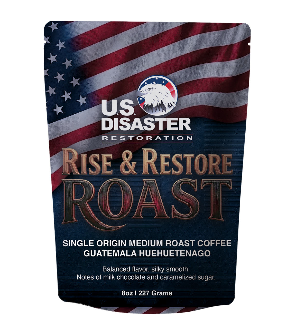 Package of U.S. Disaster Restorations Rise & Restore Roast coffee with American flag design and eagle logo.