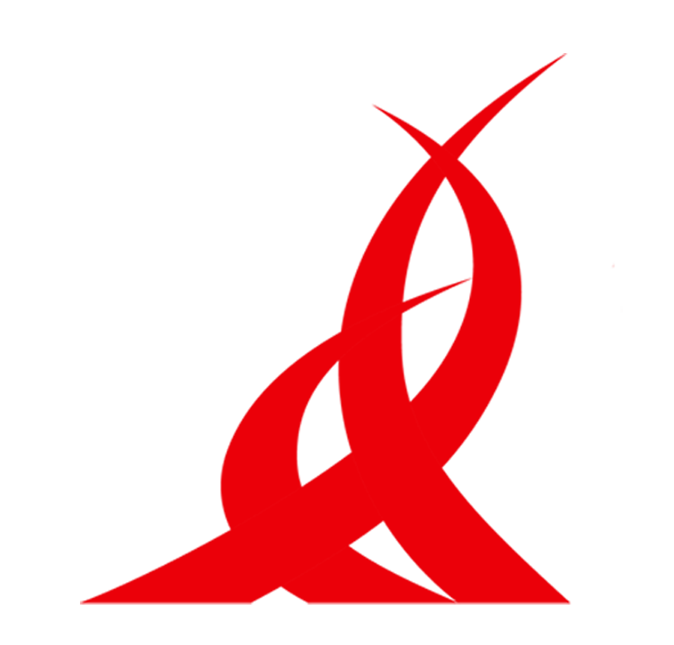 Red abstract calligraphic design on a white background.