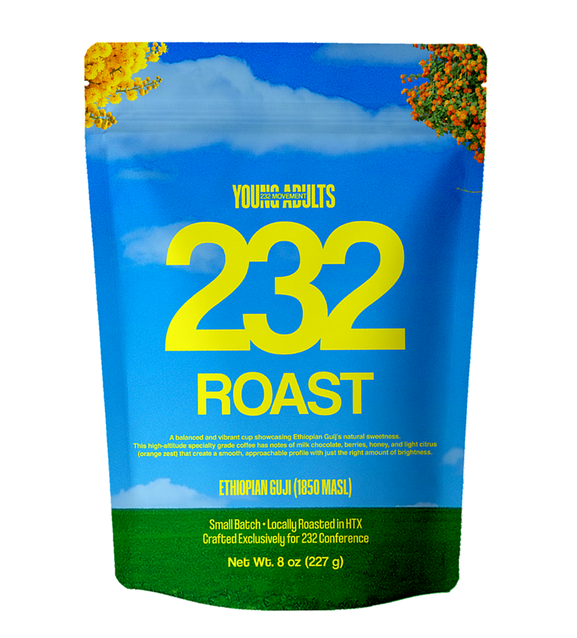 A coffee bag labeled "232 Roast" with blue sky, clouds, and flowering trees in the background, indicating Ethiopian Guji coffee, roasted locally for 232 Conference, net weight 8 ounces.